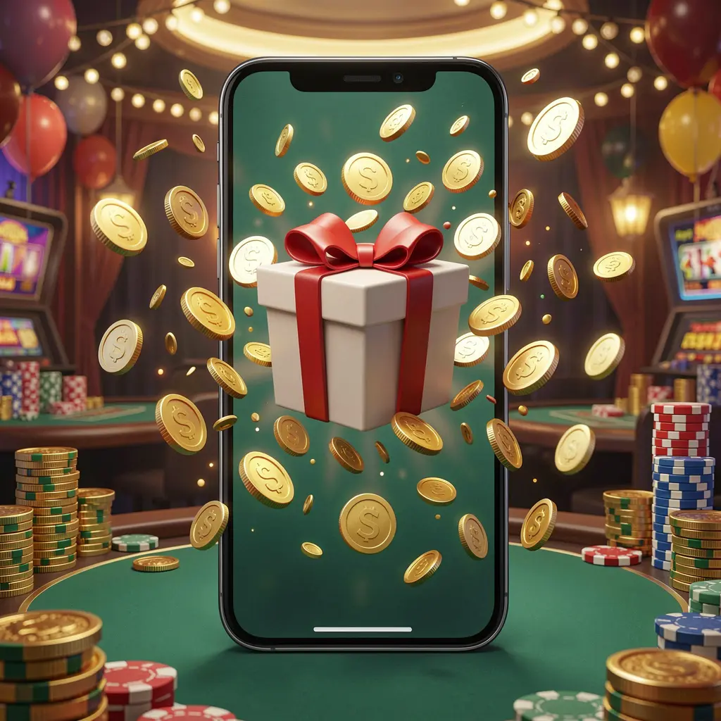 TK866 mobile casino bonus app concept showing a phone screen with a gift box and coins bursting out in a festive casino atmosphere TK866 mobile casino bonus app concept showing a phone screen with a gift box and coins bursting out in a festive casino atmosphere
