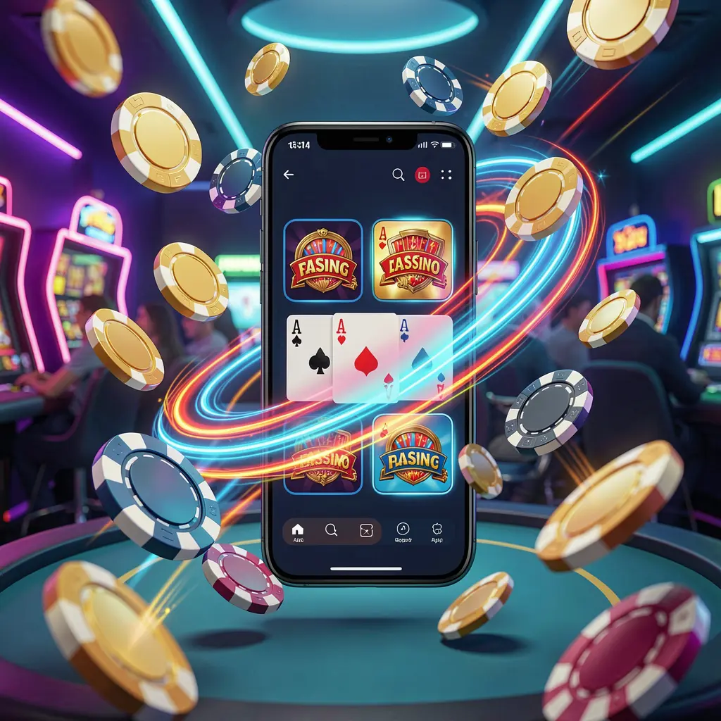 Smartphone displaying the TK866 fast casino app with speed light trails, coins and chips flying around against a modern neon casino background in a dynamic 3D render Smartphone displaying the TK866 fast casino app with speed light trails, coins and chips flying around against a modern neon casino background in a dynamic 3D render