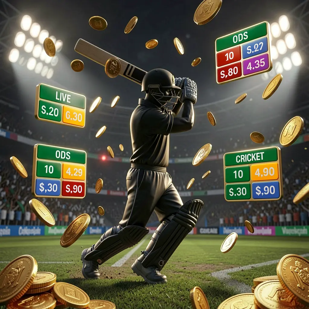 TK866 live cricket odds visual featuring a cricket player silhouette batting under stadium lights with floating odds graphics and golden coins on a premium dark sports background TK866 live cricket odds visual featuring a cricket player silhouette batting under stadium lights with floating odds graphics and golden coins on a premium dark sports background