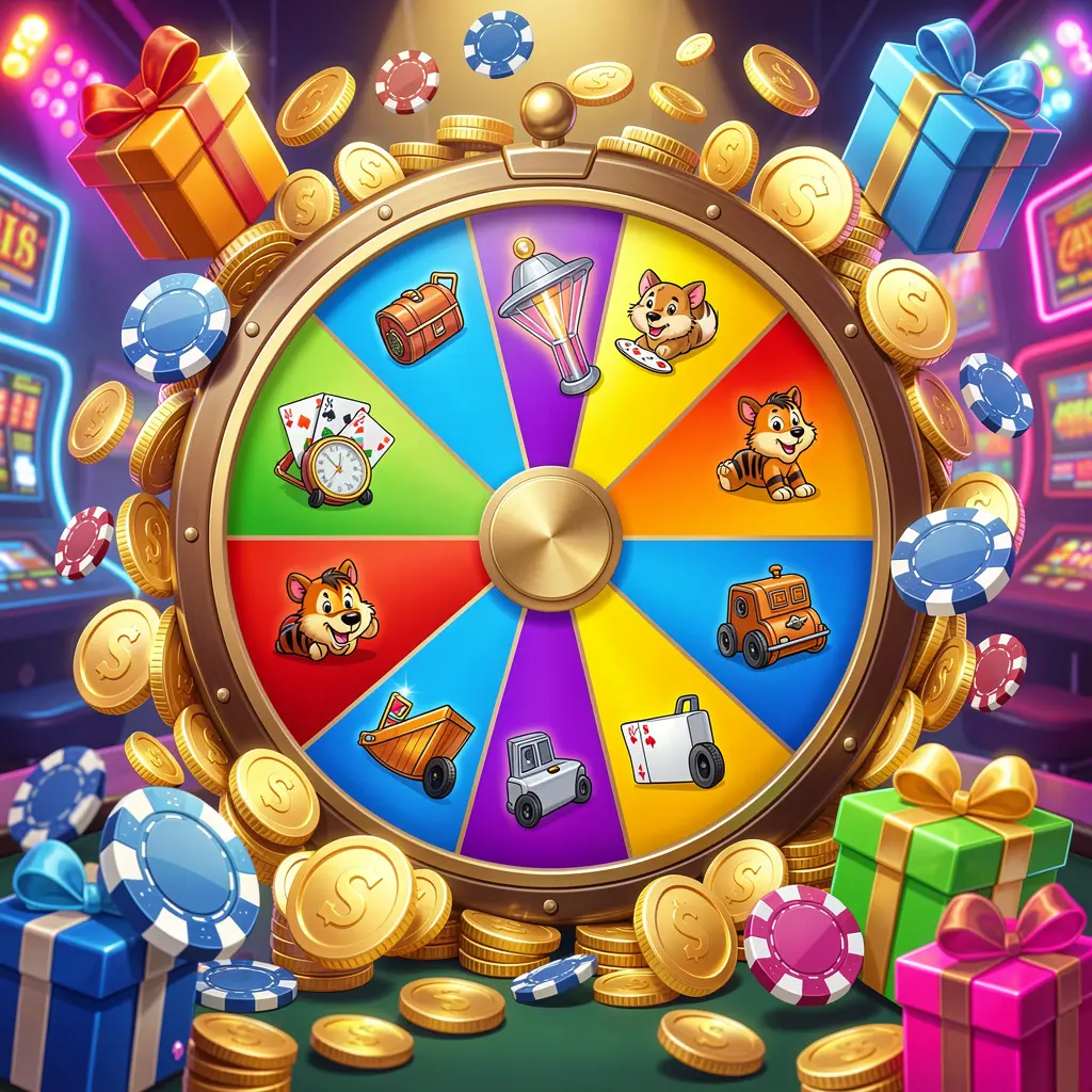 TK866 casino bonus wheel with colorful prize sections surrounded by golden coins, chips, and gift boxes under bright neon casino lights in a dynamic composition TK866 casino bonus wheel with colorful prize sections surrounded by golden coins, chips, and gift boxes under bright neon casino lights in a dynamic composition