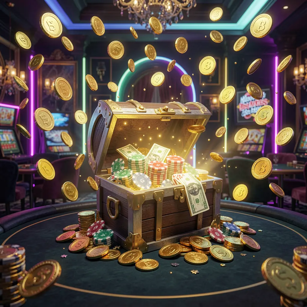 TK866 premium online casino bonus hero banner featuring golden coins flying in the air and a glowing treasure chest full of chips and cash against a luxury dark background with neon accents in an elegant casino style TK866 premium online casino bonus hero banner featuring golden coins flying in the air and a glowing treasure chest full of chips and cash against a luxury dark background with neon accents in an elegant casino style