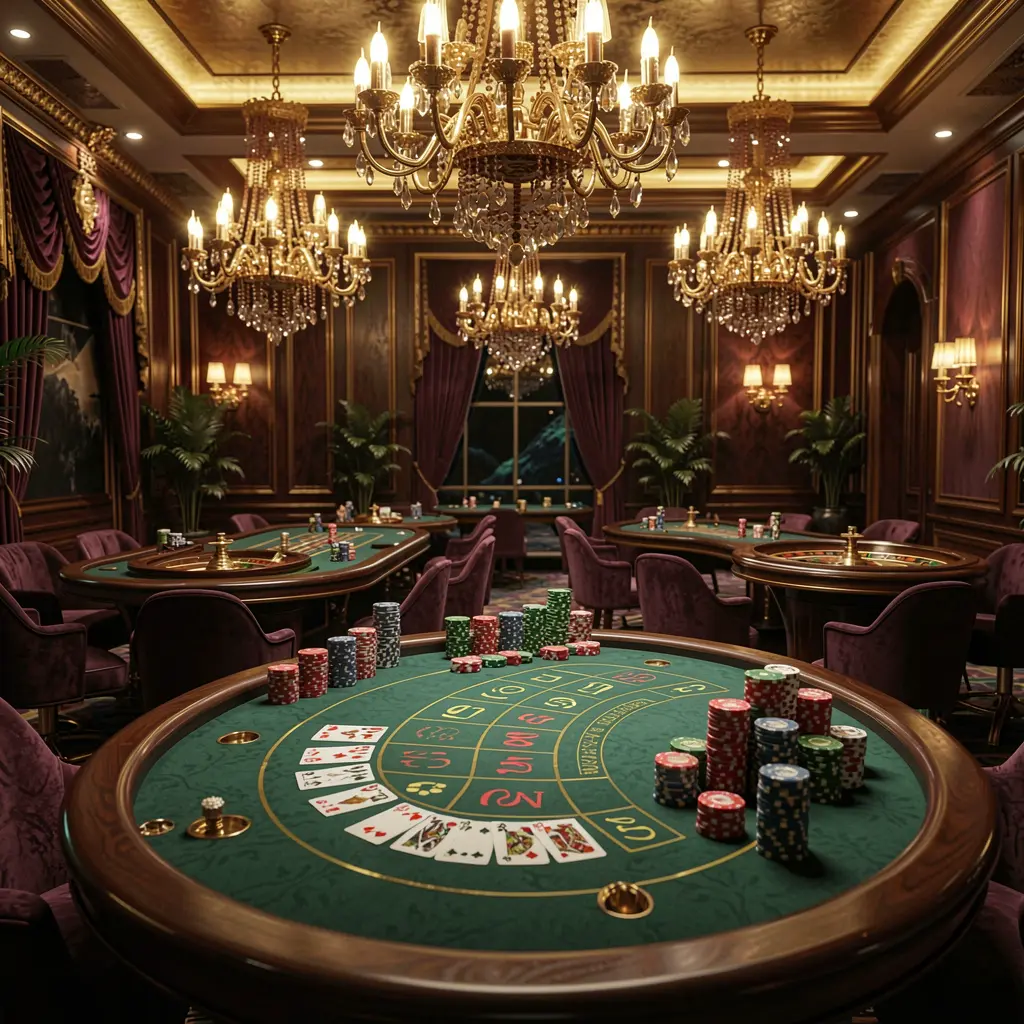 High-end casino lobby featuring golden lights, roulette tables, chips, and cards with elegant premium design and dark cinematic background, showcasing TK866 branding in an ultra detailed 3D render High-end casino lobby featuring golden lights, roulette tables, chips, and cards with elegant premium design and dark cinematic background, showcasing TK866 branding in an ultra detailed 3D render