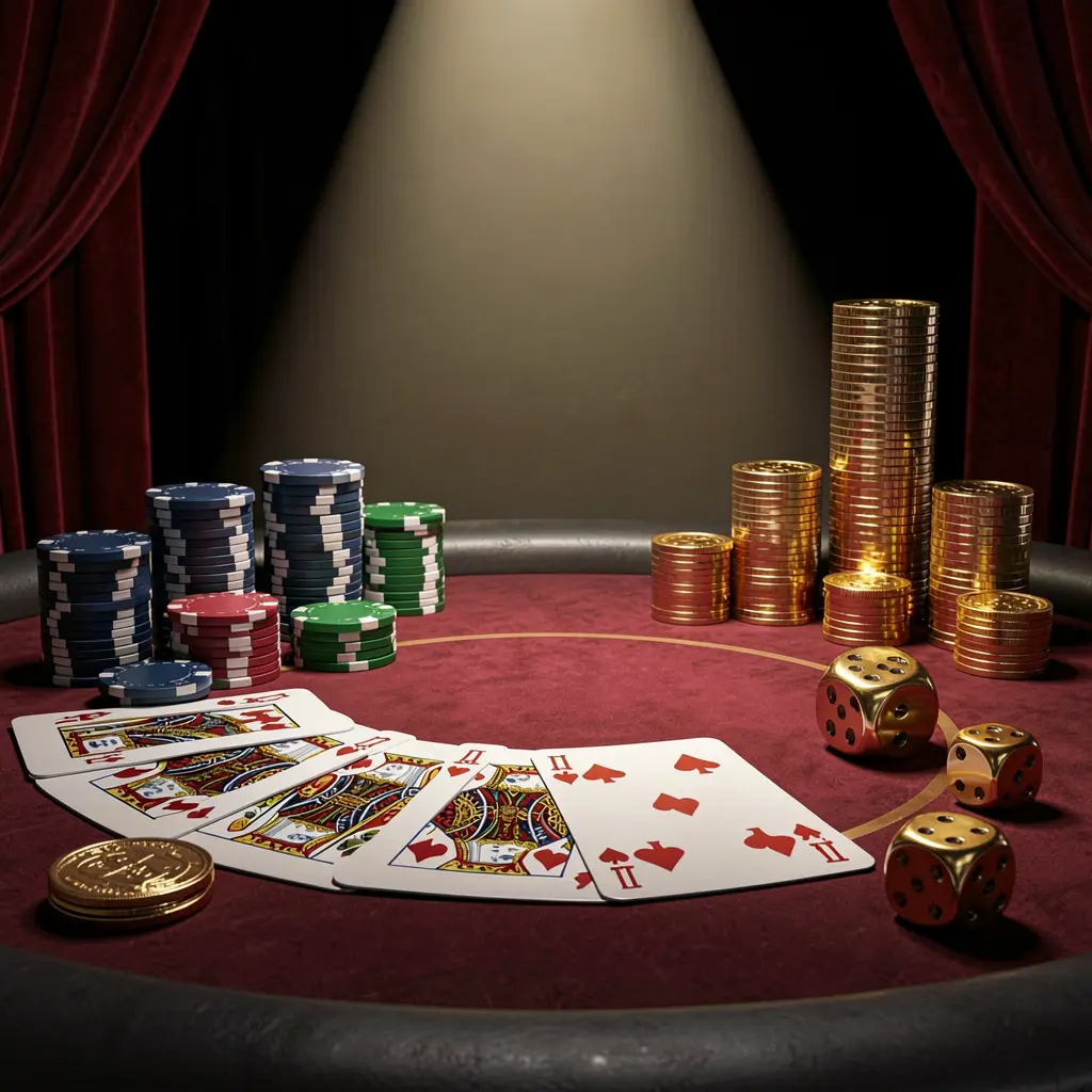 TK866 casino table featuring a royal flush in poker cards, colorful poker chips, golden coins, and dice on a luxury black and red background under a dramatic spotlight in a realistic 3D render TK866 casino table featuring a royal flush in poker cards, colorful poker chips, golden coins, and dice on a luxury black and red background under a dramatic spotlight in a realistic 3D render