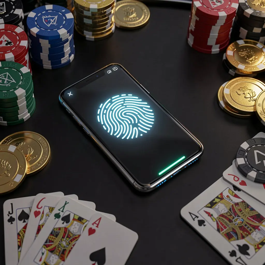 TK866 online casino authentication concept showing a phone with fingerprint scan glow on a premium black table surrounded by poker chips, golden coins, and playing cards in a cinematic 3D render TK866 online casino authentication concept showing a phone with fingerprint scan glow on a premium black table surrounded by poker chips, golden coins, and playing cards in a cinematic 3D render