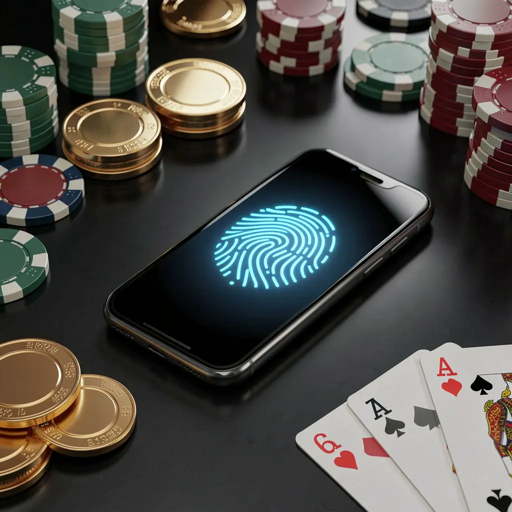 TK866 online casino authentication concept showing a phone with a glowing fingerprint scan on a premium black table surrounded by poker chips, golden coins, and playing cards in a cinematic 3D render TK866 online casino authentication concept showing a phone with a glowing fingerprint scan on a premium black table surrounded by poker chips, golden coins, and playing cards in a cinematic 3D render