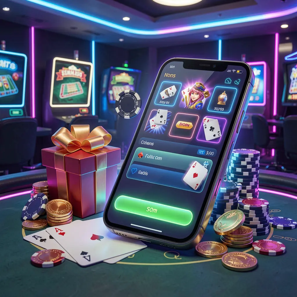 Modern casino website hero scene featuring a smartphone with glowing interface surrounded by bonus gift box, chips, coins, and playing cards in premium neon casino style, showcasing TK866 brand Modern casino website hero scene featuring a smartphone with glowing interface surrounded by bonus gift box, chips, coins, and playing cards in premium neon casino style, showcasing TK866 brand